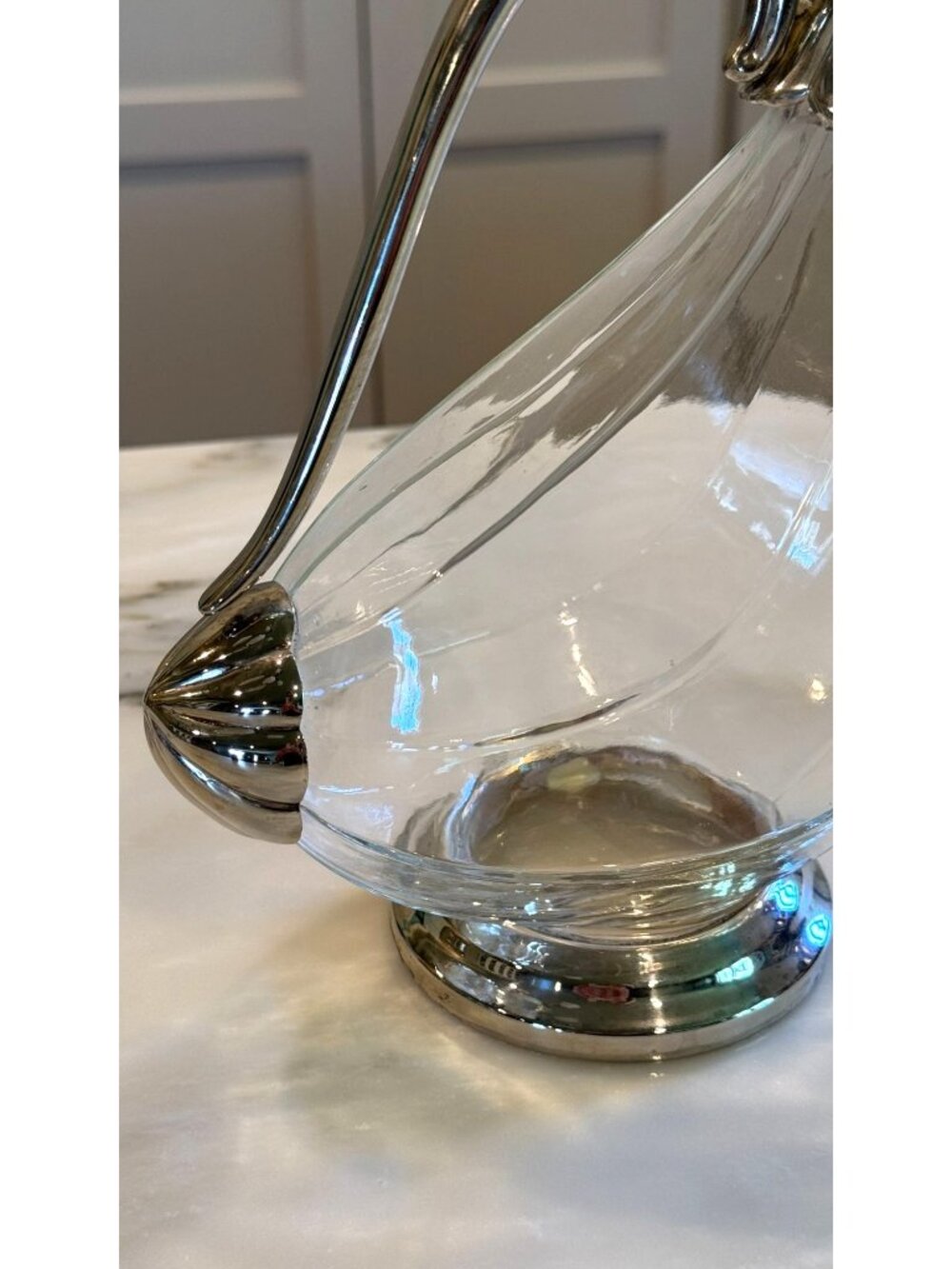 Vintage Glass Pitcher Silver Plate Swan Duck Ewer Decanter - Picture 3 of 7